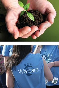hands holding small amount of dirt with sprouting plant. Girl wearing blue shirt with We Care printed on it.