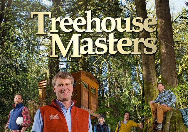 Treehouse Masters - Cast posing with treehouse in forest