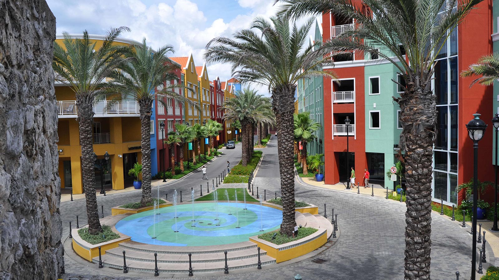 central plaza lined with colorful buildings